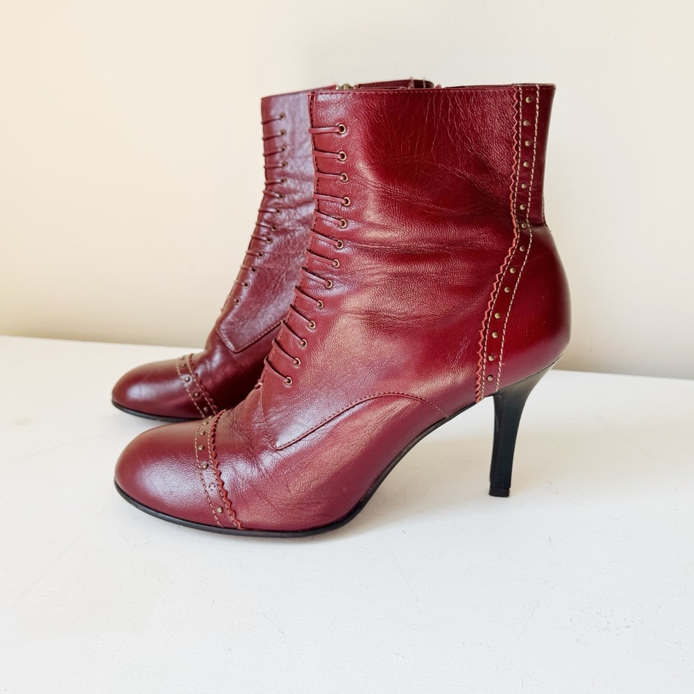 Burgundy Leather Victorian Style Heeled Boots